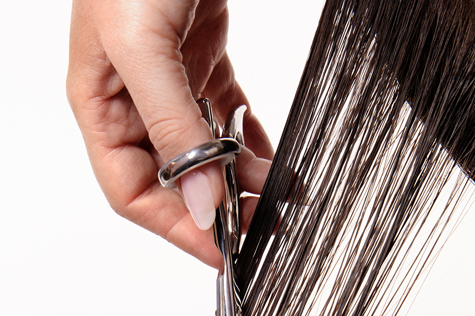 Person holding a comb with long hair on a white background